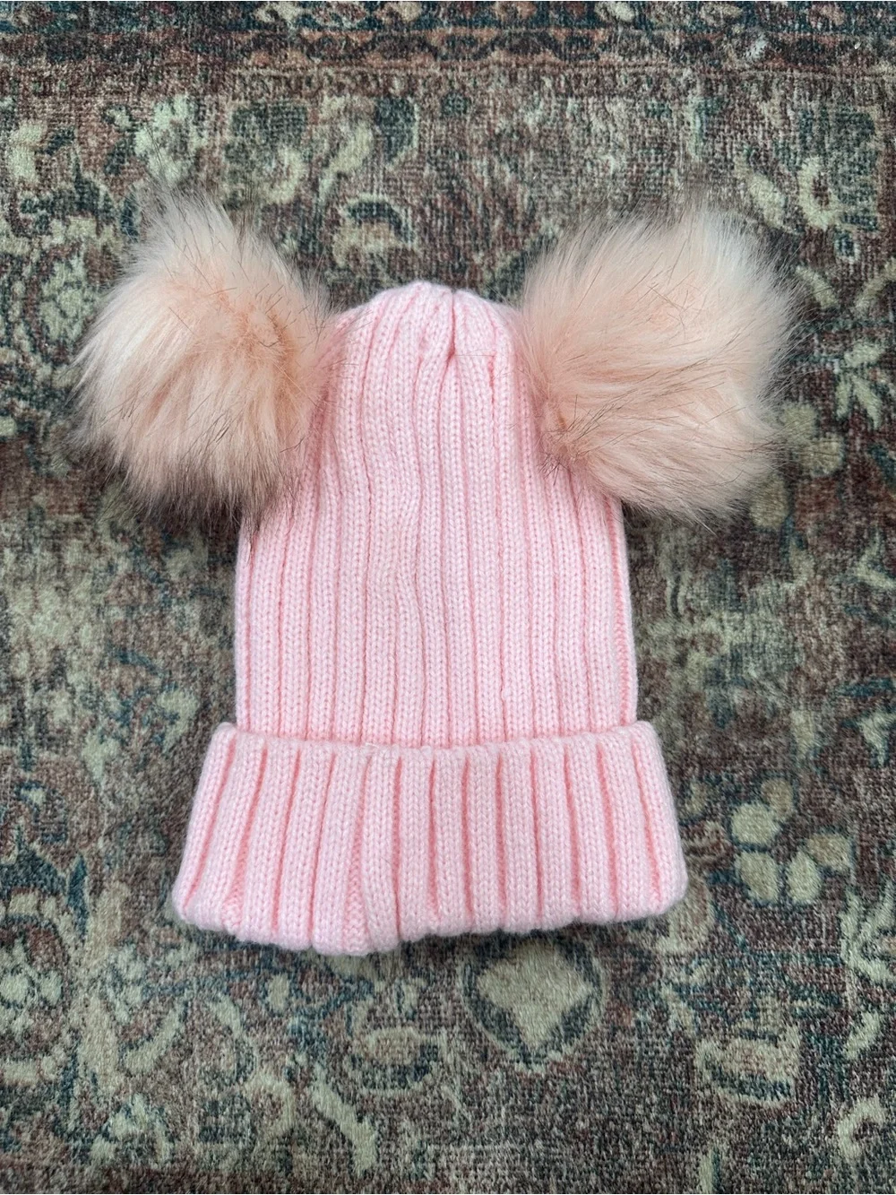 Pink Double Pom Pom Knit Beanie Hat w/ Upcycled LV Patch